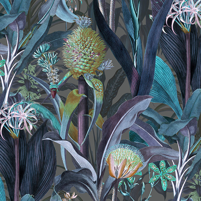 Gedetailleerde afbeelding van het Arte Blooming Pineapple behang met kleurrijke tropische bloemen en bladeren op een donkere achtergrond.