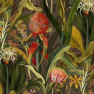 Gedetailleerde afbeelding van het Arte Blooming Pineapple 97601 behang met kleurrijke tropische bloemen en weelderige bladeren.