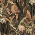 Botanisch behangpatroon met gedetailleerde tropische planten en een bloeiende ananas op een donkere achtergrond.