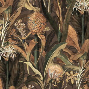 Botanisch behangpatroon met gedetailleerde tropische planten en een bloeiende ananas op een donkere achtergrond.