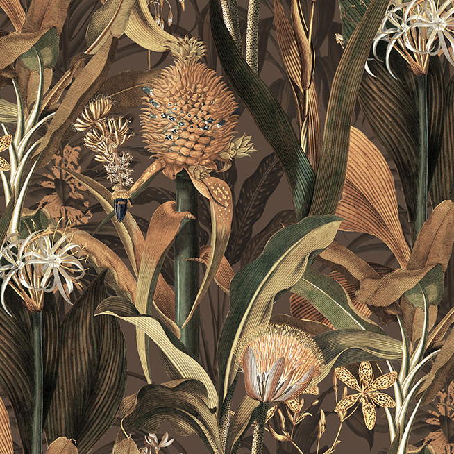 Botanisch behangpatroon met gedetailleerde tropische planten en een bloeiende ananas op een donkere achtergrond.