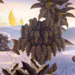 Stijlvol behangontwerp uit de Arte Hills of Sapa collectie met exotische planten, palmbomen en abstracte landschapselementen.