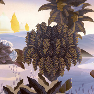 Stijlvol behangontwerp uit de Arte Hills of Sapa collectie met exotische planten, palmbomen en abstracte landschapselementen.
