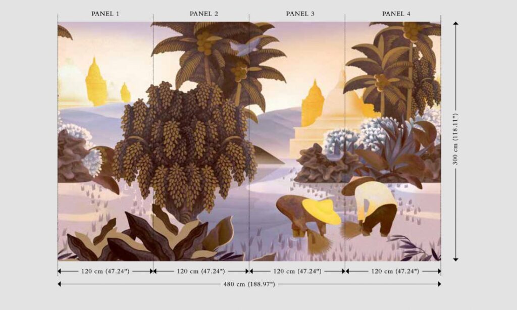 Illustratief behangontwerp "Hills of Sapa" met een Aziatisch landschap, bananenbomen, rijstvelden en twee werkende figuren op de voorgrond.