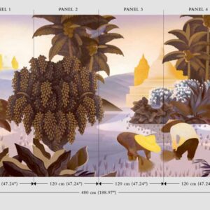 Illustratief behangontwerp "Hills of Sapa" met een Aziatisch landschap, bananenbomen, rijstvelden en twee werkende figuren op de voorgrond.