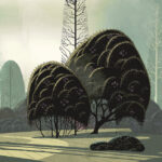 Illustratie van het Arte behang 'Le Jardin Mystique' met gestileerde, sprookjesachtige bomen en een mystieke bosachtergrond.