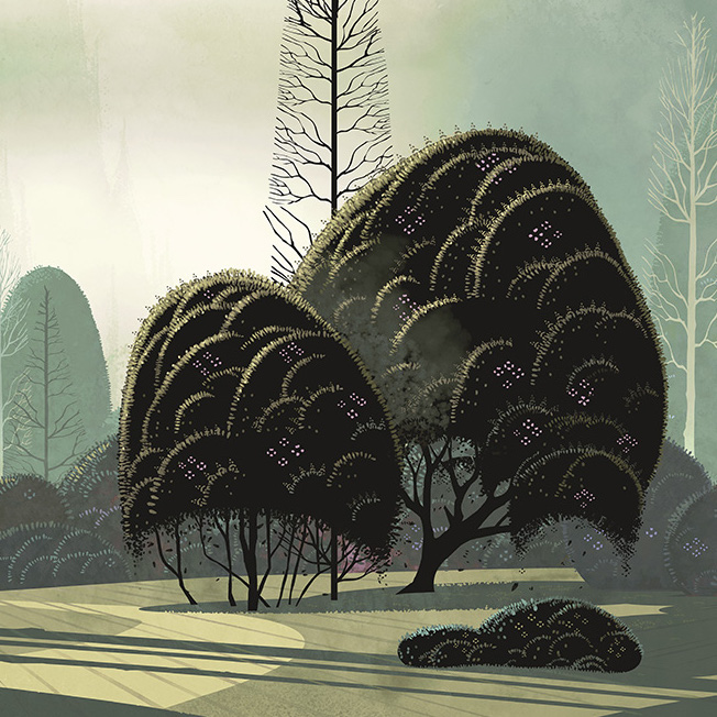 Illustratie van het Arte behang 'Le Jardin Mystique' met gestileerde, sprookjesachtige bomen en een mystieke bosachtergrond.