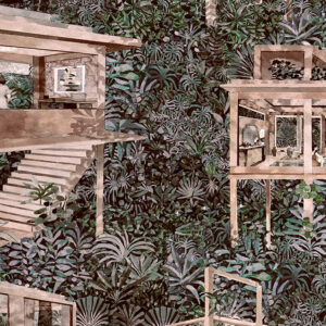 Illustratie van houten palafitta-huizen op palen midden in een weelderige, tropische jungle, afkomstig van het Arte behang “Palafitas Amazonia”.