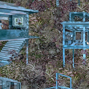 Illustratie van moderne palafitas-woningen in blauwige tinten, omgeven door dicht Amazone-woud als behangpatroon.