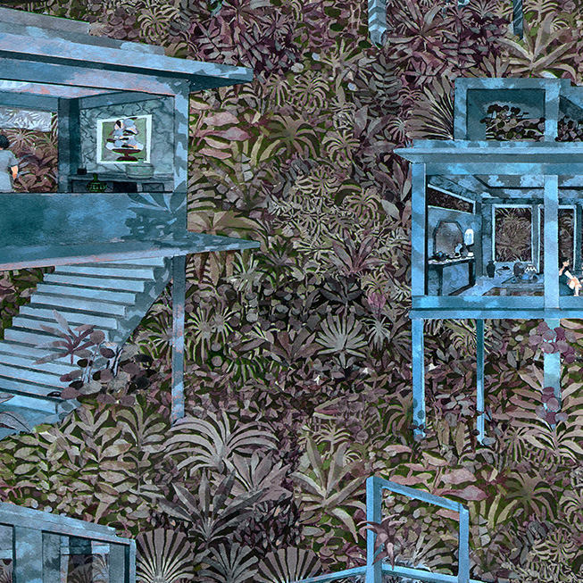 Illustratie van moderne palafitas-woningen in blauwige tinten, omgeven door dicht Amazone-woud als behangpatroon.