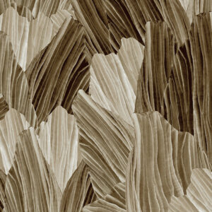 Gedetailleerd behangpatroon uit de Arte Pavartina 97560 collectie met overlappende, geplooide bladvormen in beige- en bruintinten.