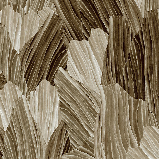 Gedetailleerd behangpatroon uit de Arte Pavartina 97560 collectie met overlappende, geplooide bladvormen in beige- en bruintinten.