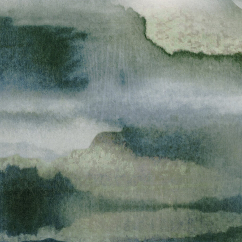 Abstract behangpatroon Casamance Iron 73460255 in groen- en grijstinten met een aquarelachtige uitstraling.