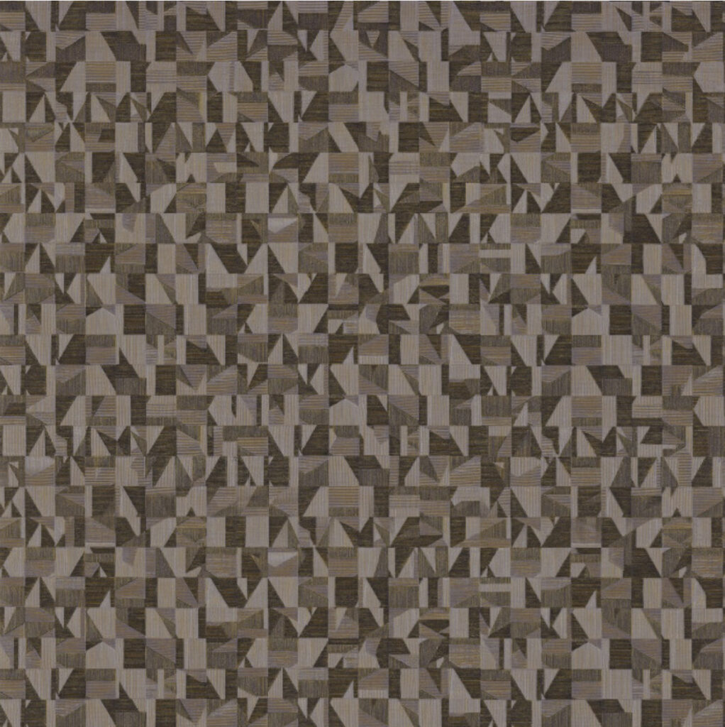 Geometrisch patroon van Casamance Tiznit 74400446 behang in bruin- en grijstinten.