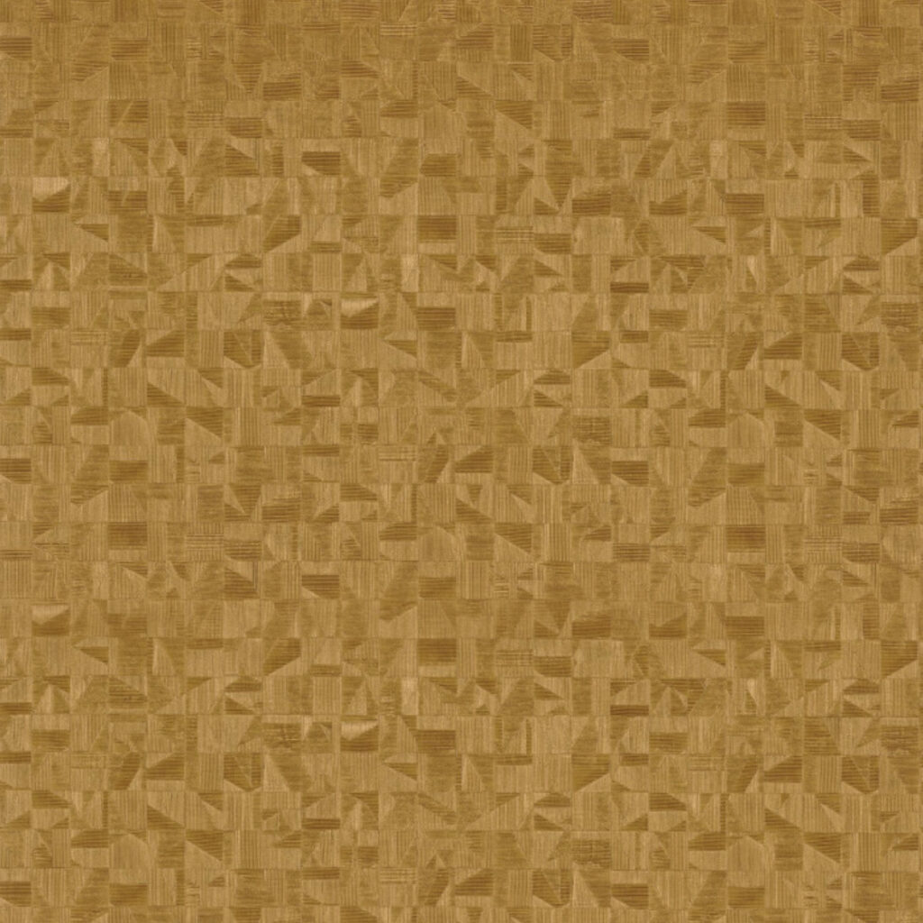 Geometrisch goudbruin Casamance Tiznit behang met een patroon van reliëfrijke vierkanten en driehoeken.