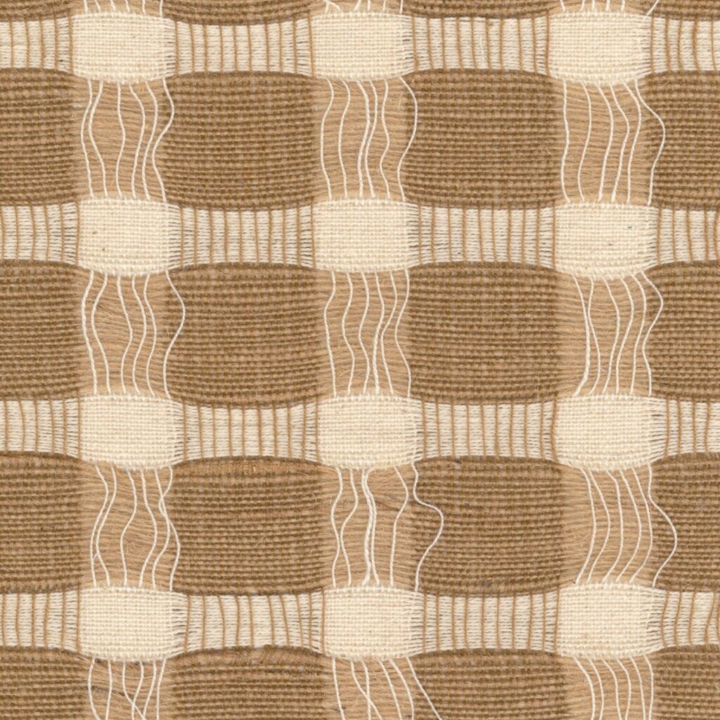 Textielpatroon van Elitis Baleares Punta Ju 002-29 met geweven beige en crèmekleurige blokken en golvende lijnen.