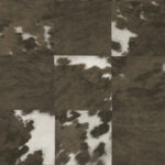 Patchwork behang uit de Elitis Sauvages collectie met een patroon van koeienhuid in bruin- en wittinten.