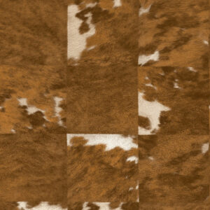 Behangpatroon Elitis Sauvages VP 629 06 met een patchwork van bruine en witte koeienhuidstructuur.