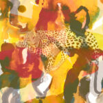 Abstract behangpatroon uit de Elitis Sauvages collectie met een ontspannen luipaard op een kleurrijke, geschilderde achtergrond.