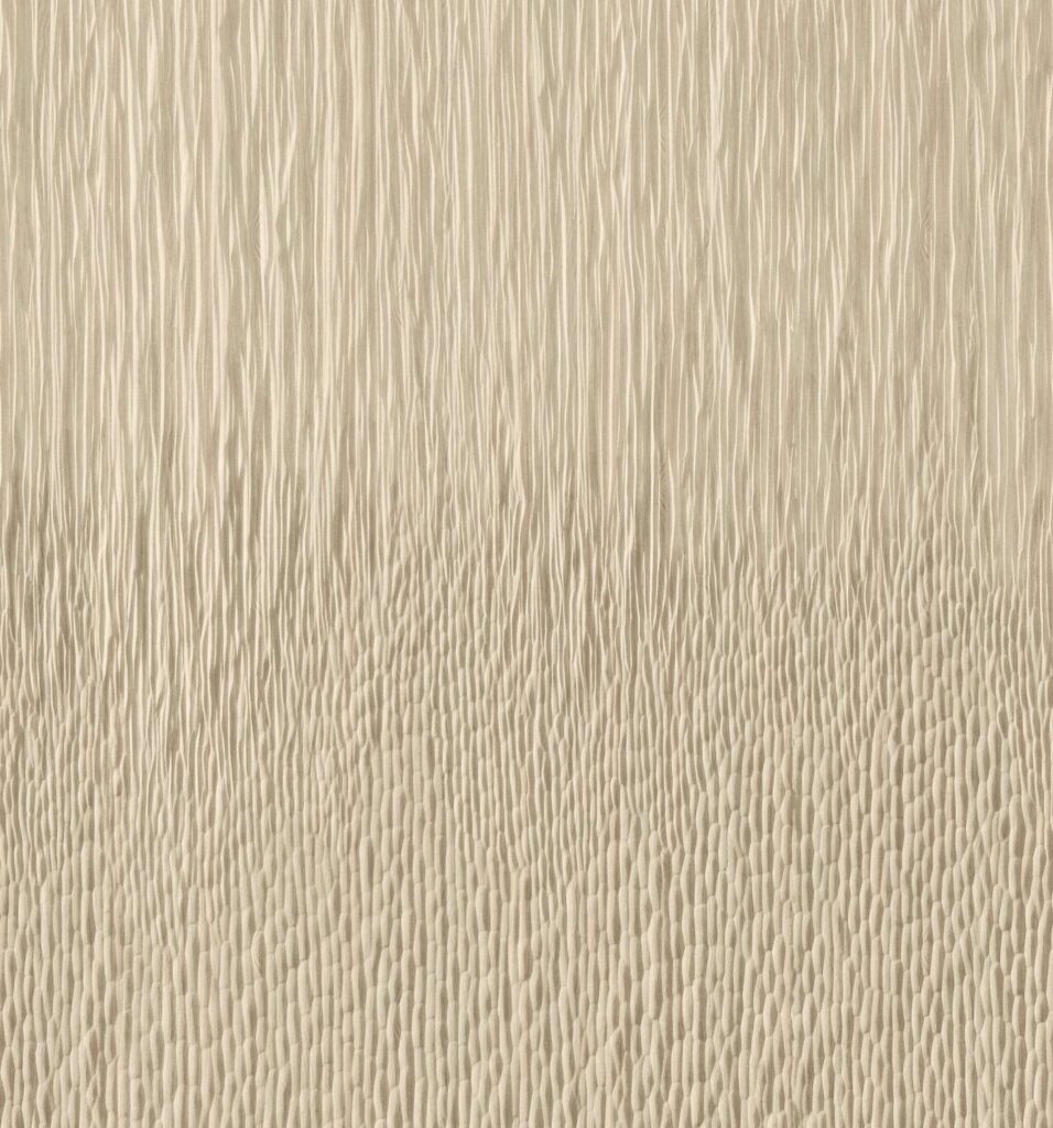 Beige Elitis Bois Sculpté Silva VP 940 01 wandbekleding met een reliëfstructuur van verticale lijnen en organische patronen.