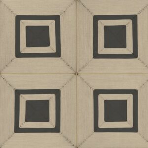Decoratief wandpaneel uit de Elitis Cordes Sensibles collectie met vier geometrische vierkanten van touw en zwart accent, ontworpen door Véronique de Soultrait.