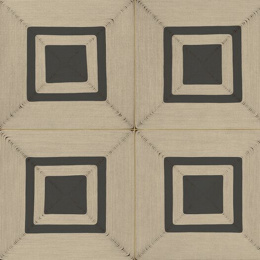 Decoratief wandpaneel uit de Elitis Cordes Sensibles collectie met vier geometrische vierkanten van touw en zwart accent, ontworpen door Véronique de Soultrait.