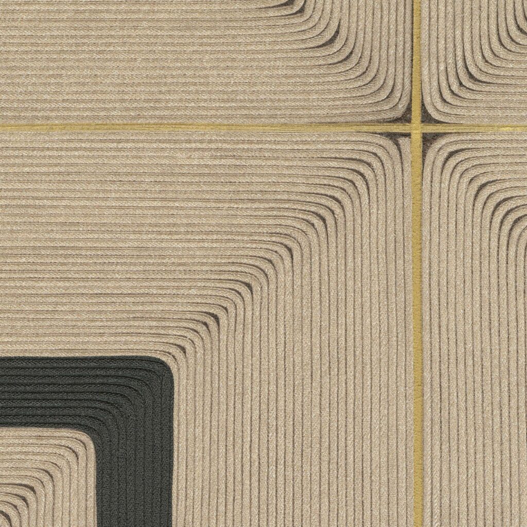 Textielkunstwerk van Elitis en Véronique de Soultrait met golvende, vierkante patronen van koord in beige en zwart op een raster van gele lijnen.