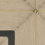 Textielkunstwerk van Elitis en Véronique de Soultrait met golvende, vierkante patronen van koord in beige en zwart op een raster van gele lijnen.