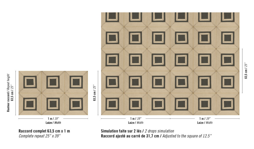 Decoratief patroon Elitis Cordes Sensibles x Véronique de Soultrait met geometrische vierkanten in beige en zwart, weergegeven in volledige herhaling en gesimuleerde toepassing.