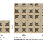 Decoratief patroon Elitis Cordes Sensibles x Véronique de Soultrait met geometrische vierkanten in beige en zwart, weergegeven in volledige herhaling en gesimuleerde toepassing.