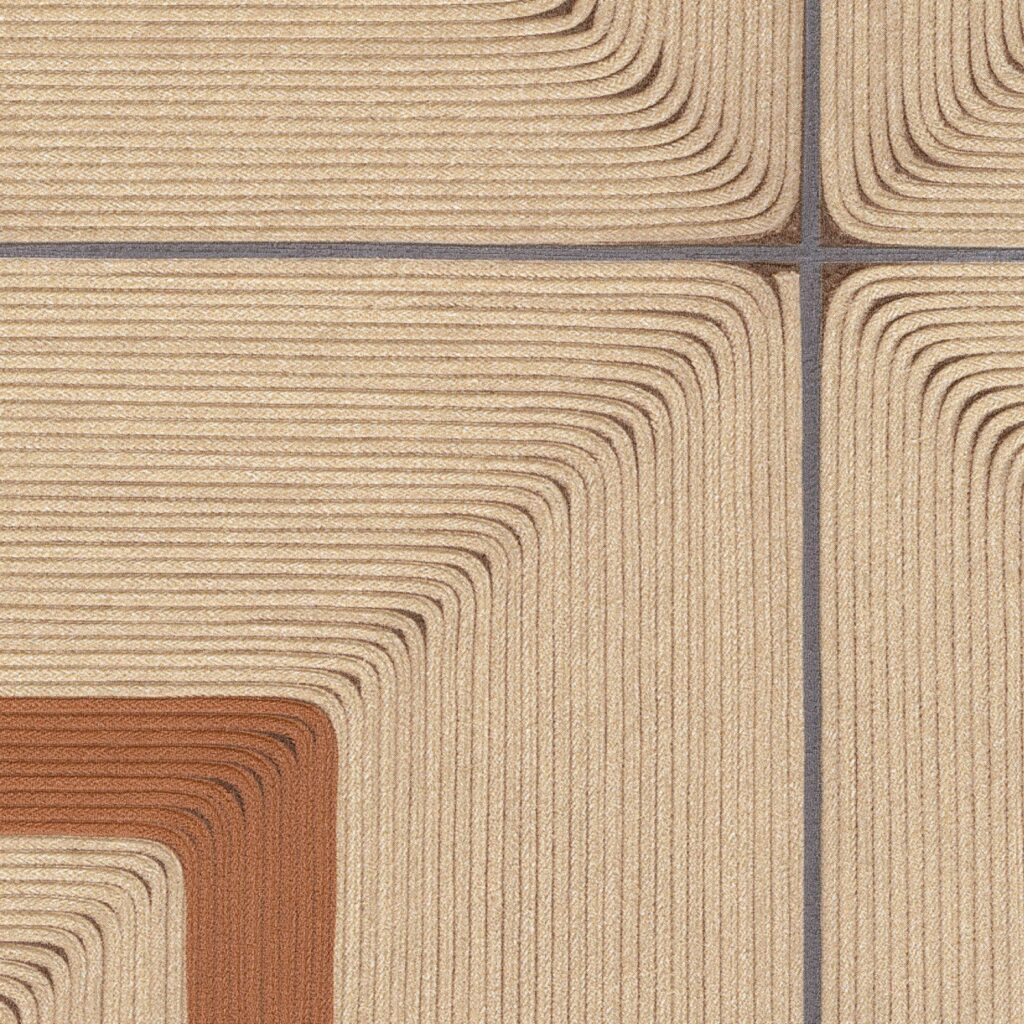 Textielkunstwerk uit de collectie "Cordes Sensibles" van Élitis en Véronique de Soultrait, met geometrisch patroon van gelijnde touwen in beige en roestbruin.