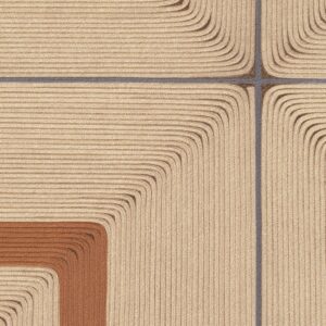 Textielkunstwerk uit de collectie "Cordes Sensibles" van Élitis en Véronique de Soultrait, met geometrisch patroon van gelijnde touwen in beige en roestbruin.