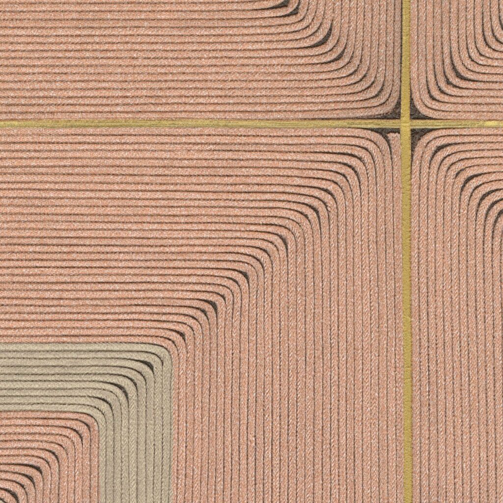 Detail van het wandpaneel 'Carrés Jalonnés' uit de Elitis Cordes Sensibles collectie, met zorgvuldig geplaatste gevlochten koorden in geometrisch patroon.