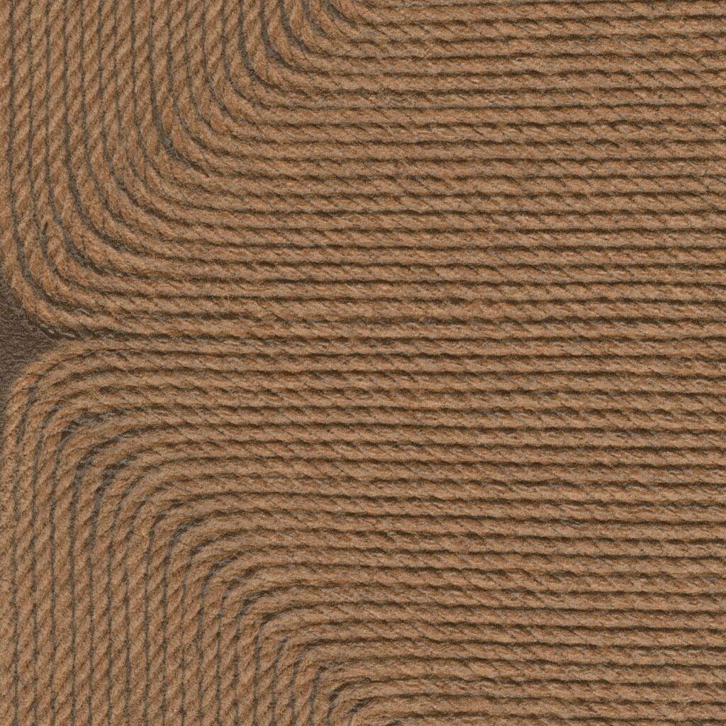 Detailopname van het wandbekledingsontwerp ‘Cocon VP 994 70’ uit de Elitis Cordes Sensibles collectie van Véronique de Soultrait, met kunstig gevlochten touwpatroon in warme bruintinten.