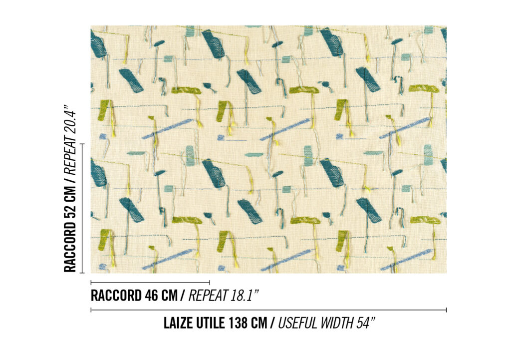 Beige stof met abstract geborduurd patroon in blauw, groen en geel uit de Elitis Excentric Bowie collectie.