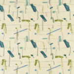 Beige stof met abstract, geborduurd patroon in blauw, groen en geel uit de Elitis Excentric Bowie collectie.