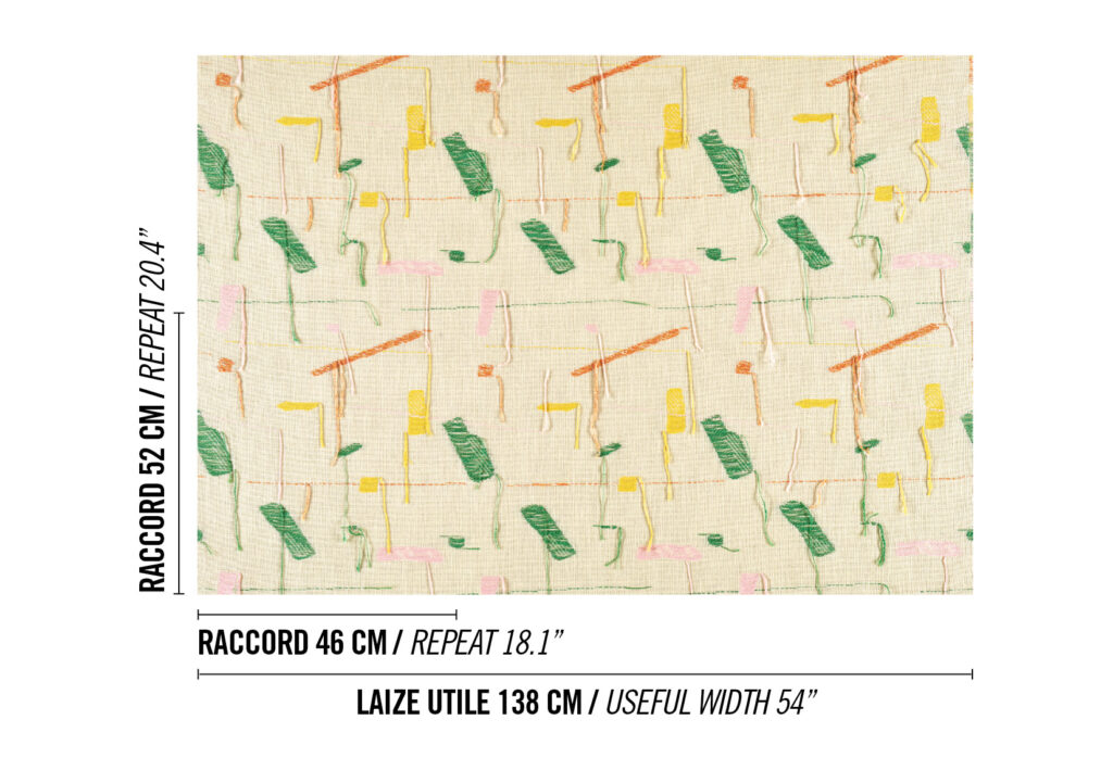 Beige stof uit de Elitis Excentric Bowie collectie met abstract borduurpatroon in groen, geel, roze en oranje.