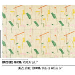Beige stof uit de Elitis Excentric Bowie collectie met abstract borduurpatroon in groen, geel, roze en oranje.