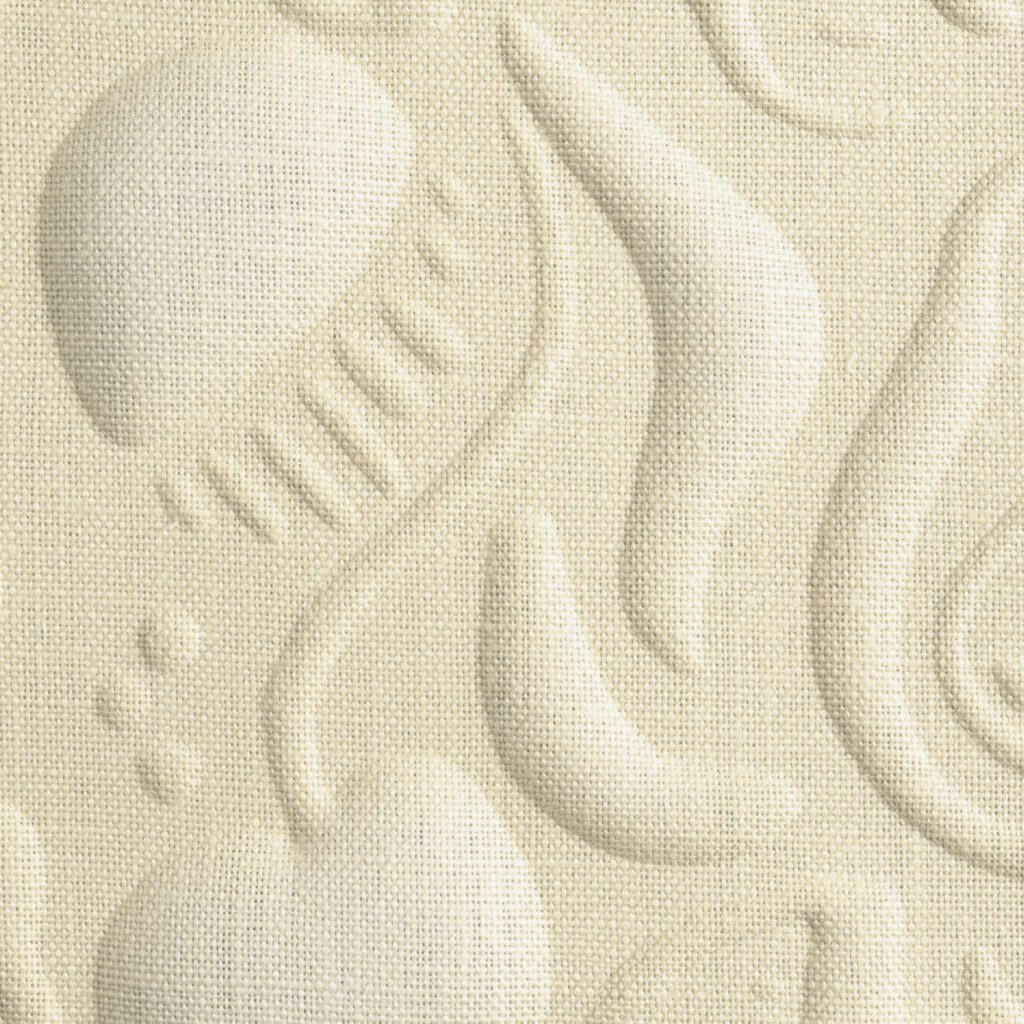 Licht reliëfpatroon in beige linnen met abstracte vormen uit de Elitis Le Jardin d’Aloès collectie.