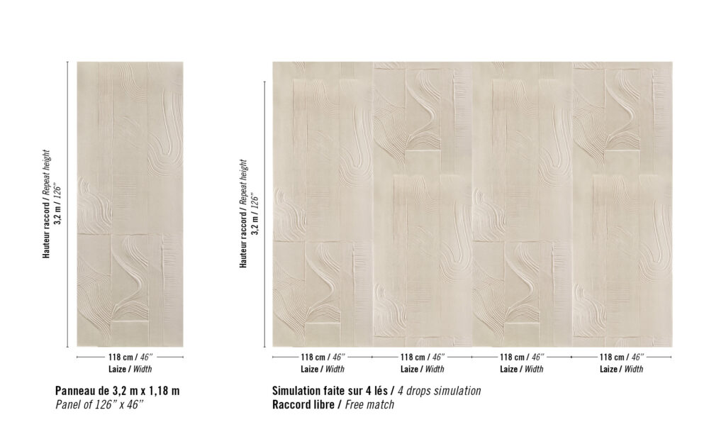 Beige wandpaneel Elitis Le Jardin d’Aloès Palimpseste Lin RM 1093-01 met subtiel abstract reliëfpatroon, getoond als los paneel en in een simulatie van vier banen.