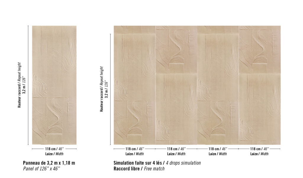 Beige wandpaneel met fijn reliëfpatroon uit de Elitis Le Jardin d’Aloès Palimpseste collectie, getoond als enkel paneel en in een simulatie van vier panelen.