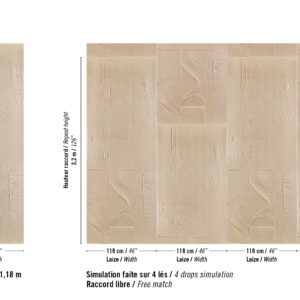 Beige wandpaneel met fijn reliëfpatroon uit de Elitis Le Jardin d’Aloès Palimpseste collectie, getoond als enkel paneel en in een simulatie van vier panelen.