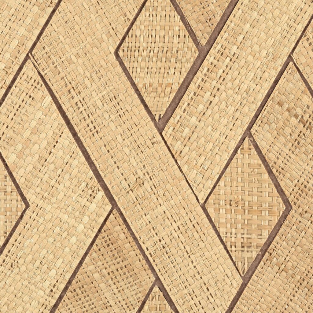 Geweven wandbekleding van natuurlijke vezels in een geometrisch patroon uit de Elitis Merida Entrelazados RM 1019 04 collectie.