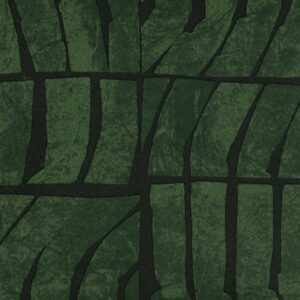 Donkergroen abstract patroon met organische vormen uit de Elitis Voiles de Papier collectie, ontwerp Ondes TP 328 05.