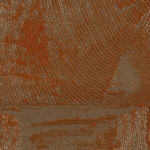 Close-up van het Elitis Mouvements Impulsion RM 1022 72 behang met reliëfstructuur in roestbruin en metallic tinten.