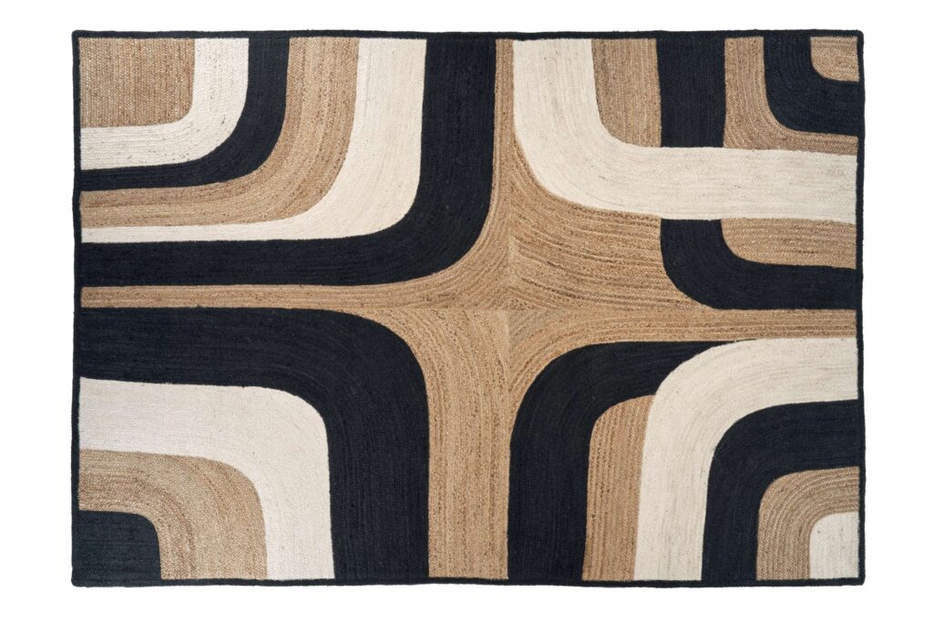 Rechthoekig Elitis vloerkleed Penny Lane TA-11985-04 met een abstract patroon in zwart, beige en off-white.
