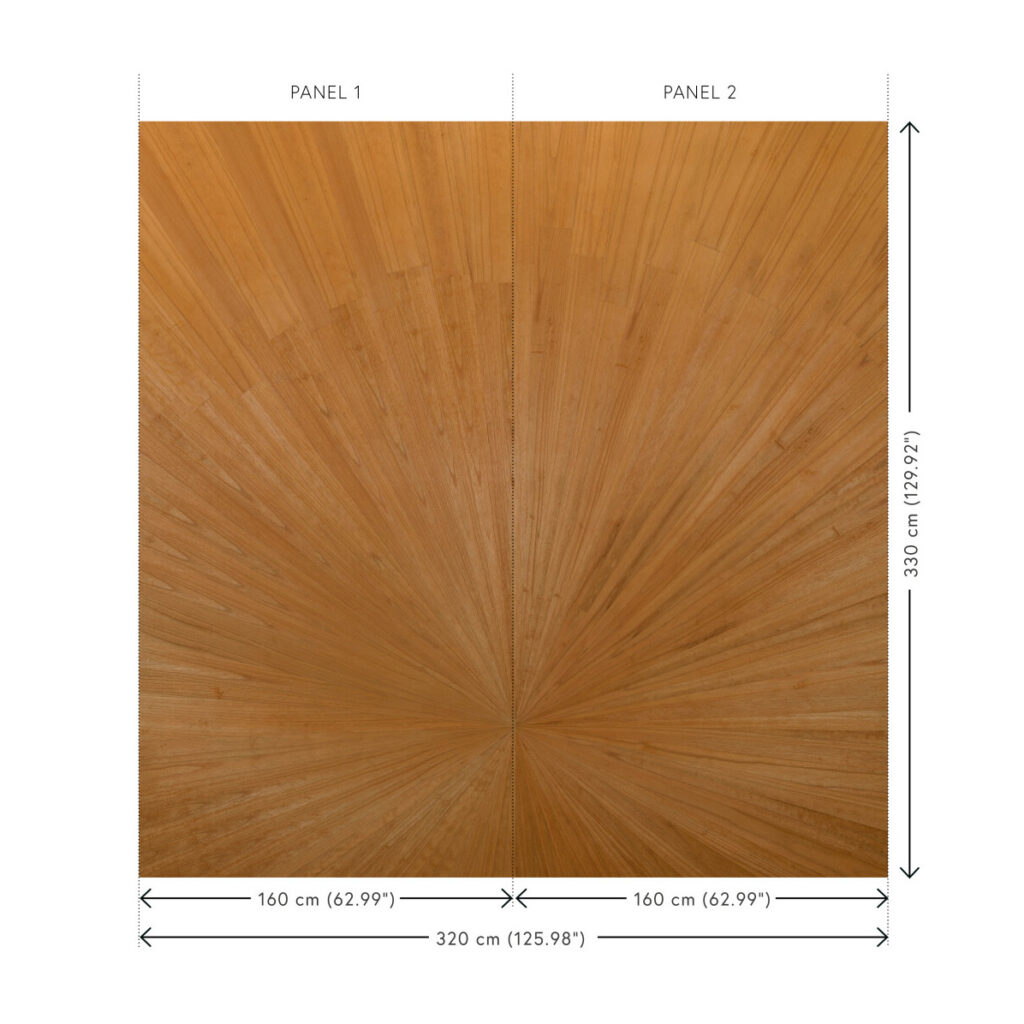 Twee houten panelen met een zonnestraalpatroon vormen samen een rechthoek van 320 bij 330 cm.