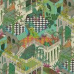 Illustratief patroon van het behang Cole and Son Miami 105/4017 met kleurrijke terrassen, palmbomen en geometrische tegels in art-decostijl.