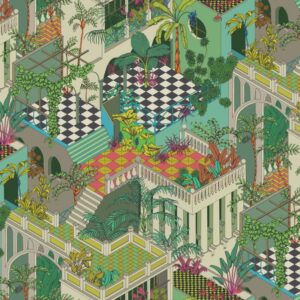 Illustratief patroon van het behang Cole and Son Miami 105/4017 met kleurrijke terrassen, palmbomen en geometrische tegels in art-decostijl.