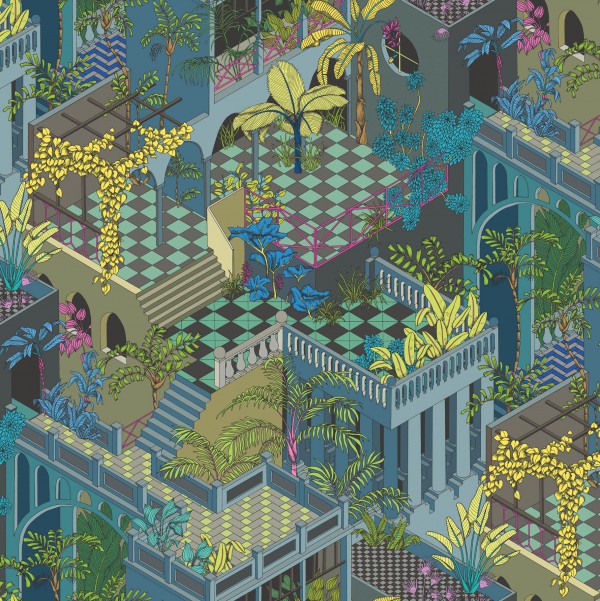 Illustratieve, tropische muurschildering van Cole & Son's Miami 105/4018 behang met kleurrijke planten en architectonische details.